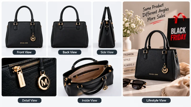 Product image angles showing front, back, side, detail, inside, and lifestyle views