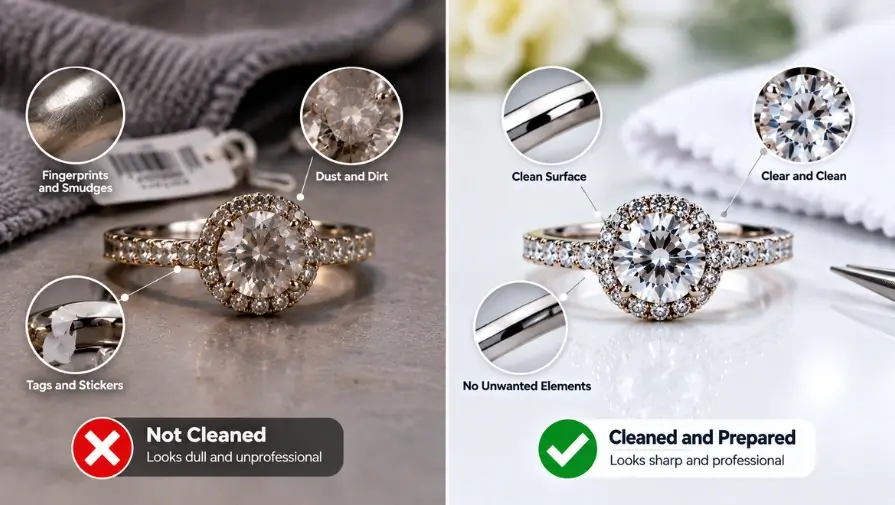 Clean and dirty jewelry before product photography