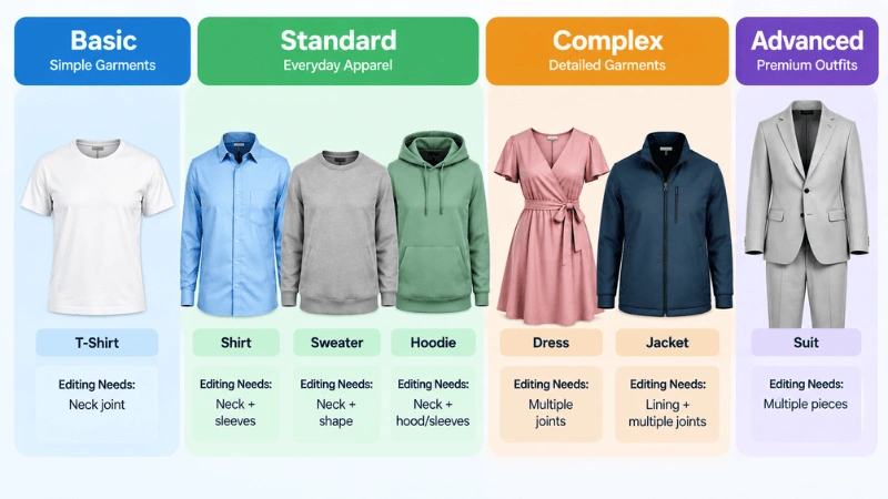 Ghost mannequin editing for different garment types