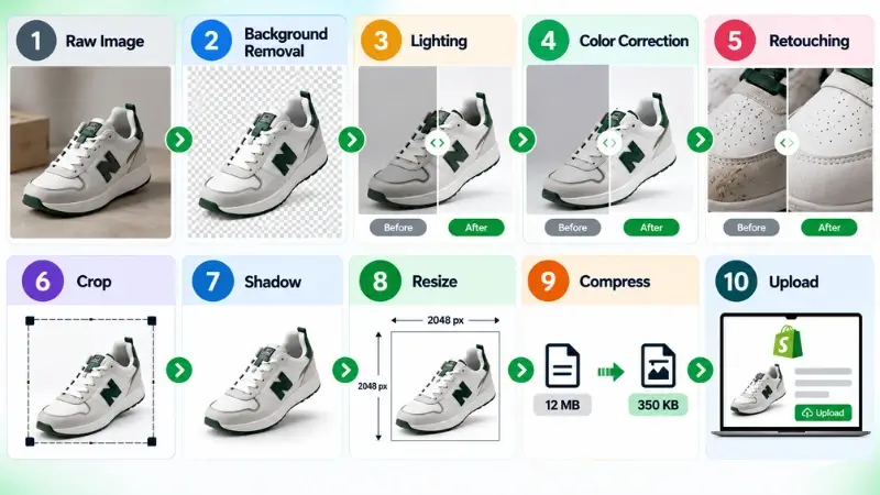 Ten-step workflow for editing product photos for a Shopify store