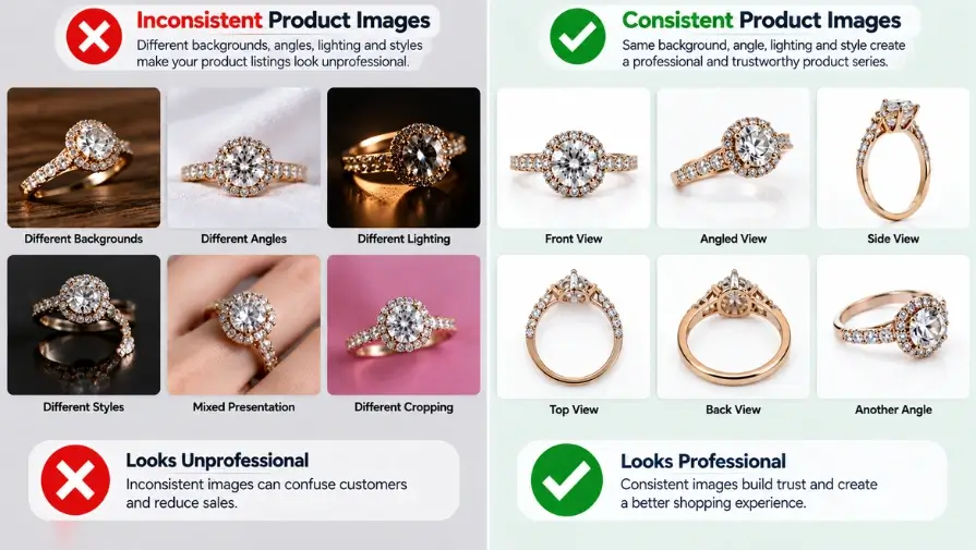 Inconsistent and consistent jewelry product images