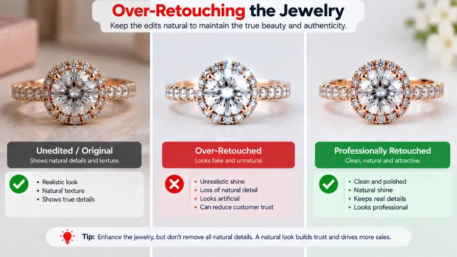 Original, over-retouched, and professionally retouched jewelry