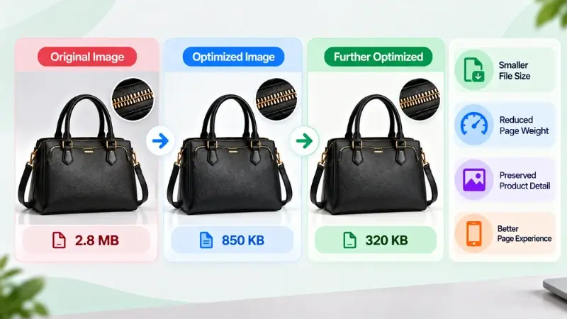 Product image compression example showing smaller file sizes while preserving useful product detail