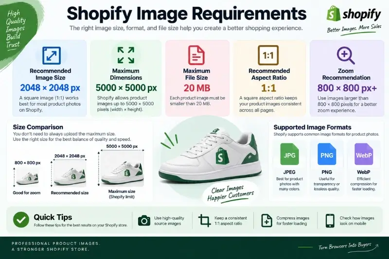 Shopify product image size and file requirements infographic