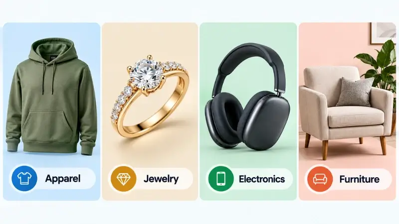 Product photo editing examples for apparel, jewelry, electronics, and furniture